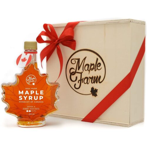 MapleFarm sciroppo d'acero amber cofanetto in legno bottilgia a foglia- idea regalo