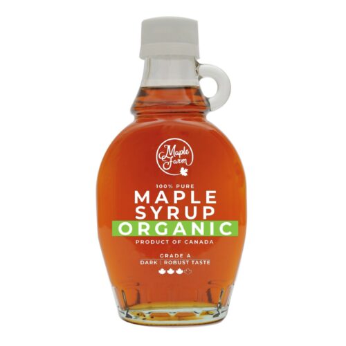 MapleFarm Dark organic maple syrup glass bottle